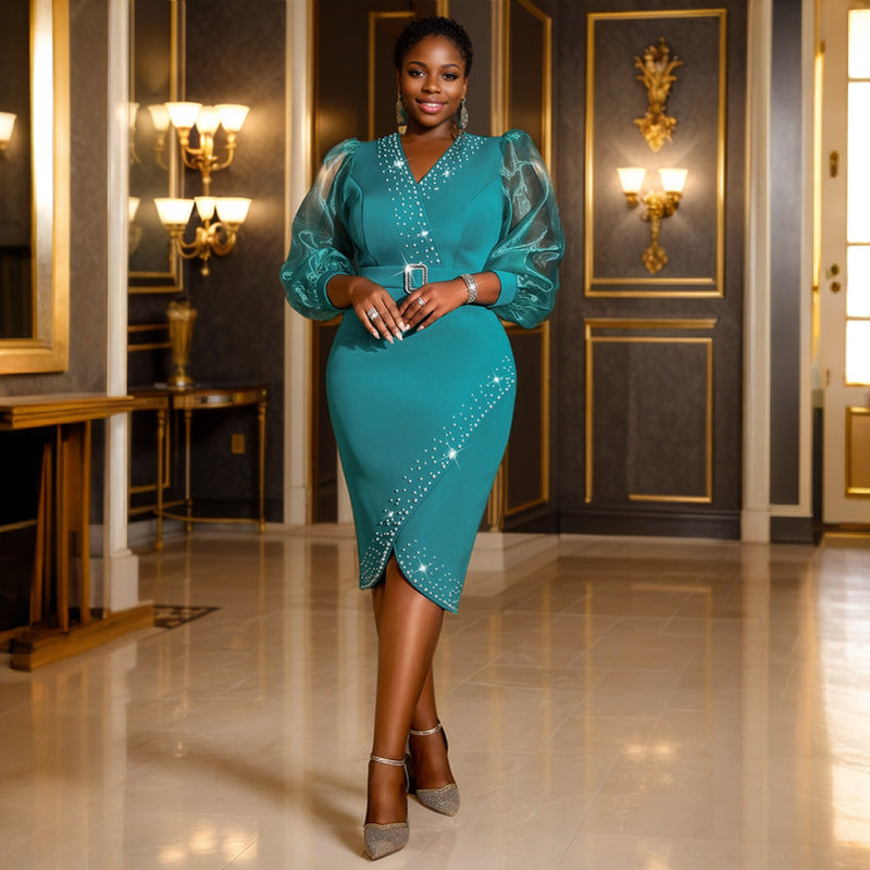 V neck Puff Sleeve High Waist Dress See through Sleeve Midi Dress