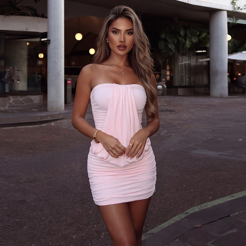 Women Clothing Summer Sexy Tube Top off Neck Fitted Waist Pleated Skinny Sheath Dress Flash Vision