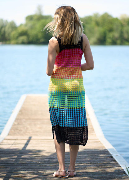 Knitted Rainbow Bar Beach Cover up Sexy Strap Dress Vacation Skirt Beach Cover Up