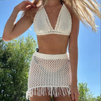 Hollow Out Cutout out Strap Bikini Top Tassel Skirt Sexy Beach Sun Protective Blouse Crochet hook Tidee