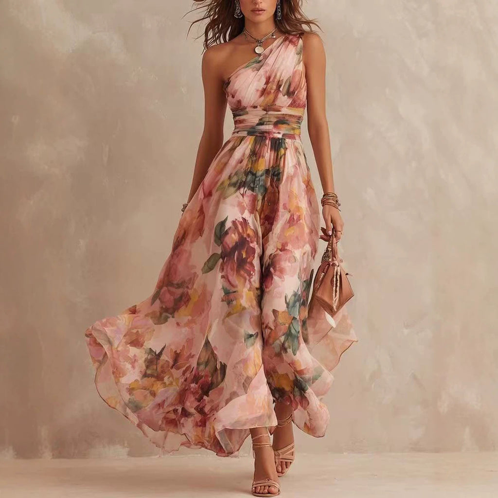 Fashionable Elegant Printed Dress Sexy One Shoulder Waist Tight Elegant Beach Dress Venly