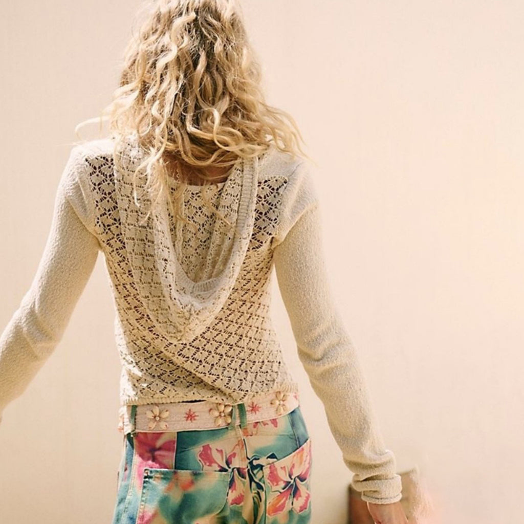 Pull en maille ajourée à manches tombantes et col V, uni, style automne-hiver, pour femme.