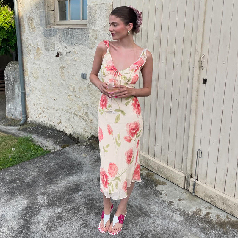 Vacation Floral Printed Mesh V neck Sexy Dress Summer Sling Slim Fit Maxi Dress LingSharp