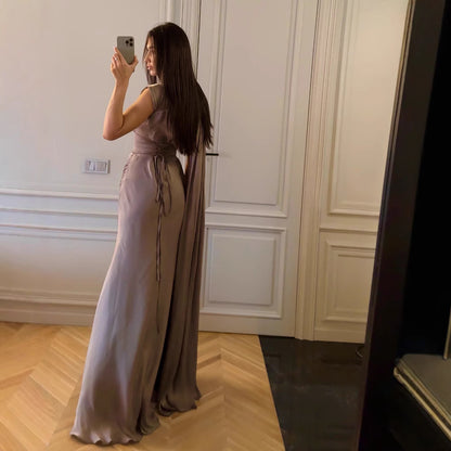 Spring Summer Women Clothing Pleated Ribbon Satin Evening Dress RMAI