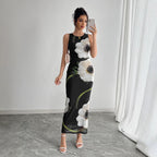 Spring Summer Women Black Mesh Floral Print Sleeveless Maxi Dress Vivish