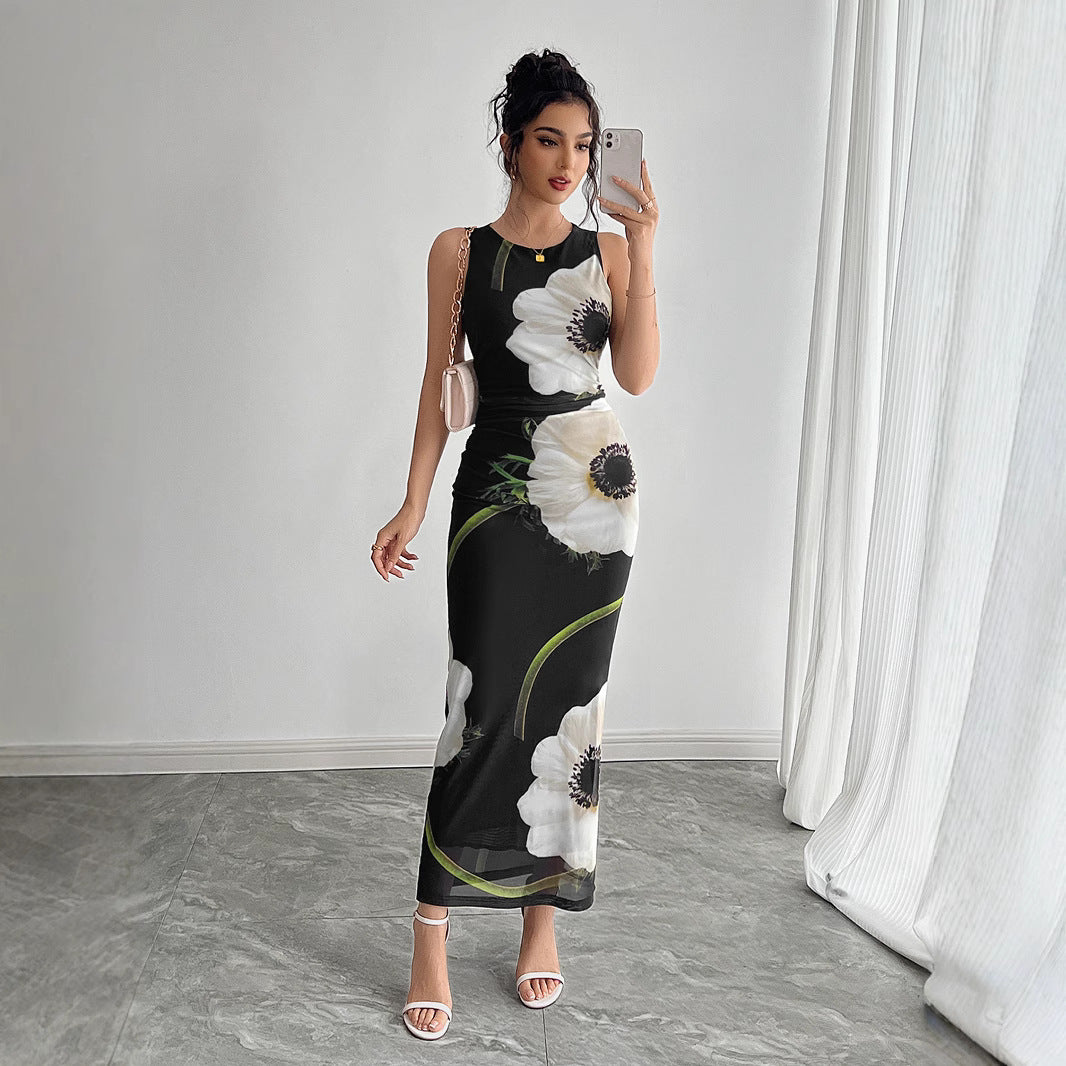 Spring Summer Women Black Mesh Floral Print Sleeveless Maxi Dress Vivish