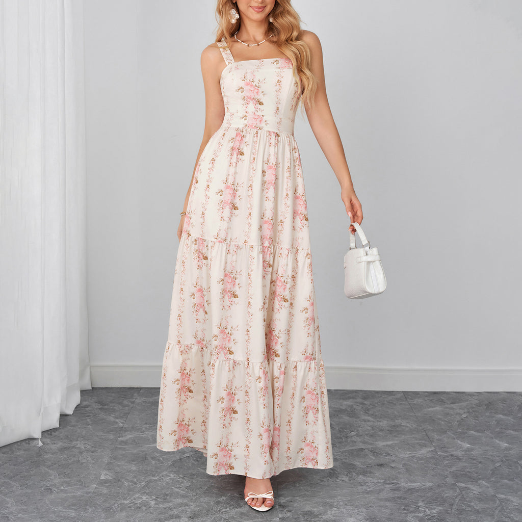 Summer Four Sided Stretch Printing Slip Dress Sexy Backless Bow Strap Dress SUNSHINE