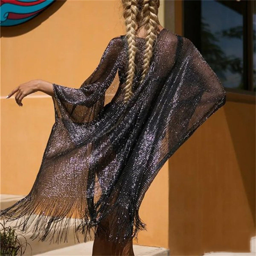 Suéter tipo chal tipo cárdigan de punto con borlas, resistente al sol y color liso para playa