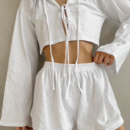 Cárdigan de algodón puro blanco de primavera con cordones para mujer, ropa de casa informal de manga larga, pantalones cortos, pijama, conjunto de dos piezas