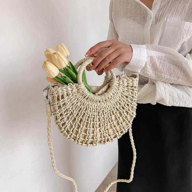 Bolso de paja con recortes y diseño semicircular sencillo, bolso cruzado de paja, bolso tejido, bolso de playa para vacaciones, bolso para mujer 