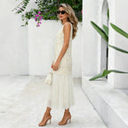 French Heavy Industry Jacquard Embroidery Faux Two Piece Sleeveless Dress Women Niche Design Pleated Midi Dress Summer CYSM