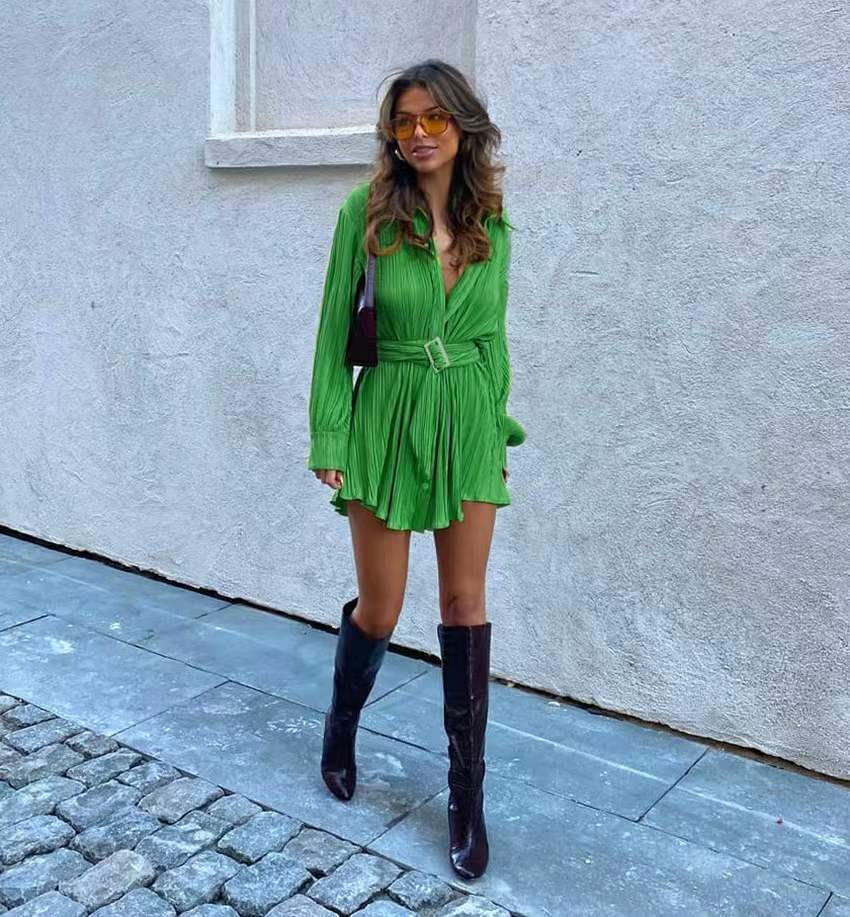 Spring Summer Popular Fashionable Pleated Long Sleeved Shirt Belt Dress YBFL