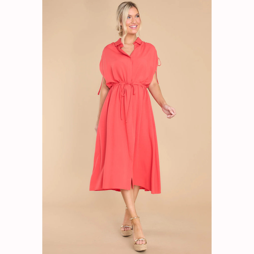 Trendy Summer Fitted Waist Turn down Collar Single Breasted Drawstring Dress XUYUN