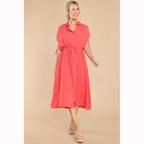 Trendy Summer Fitted Waist Turn down Collar Single Breasted Drawstring Dress XUYUN