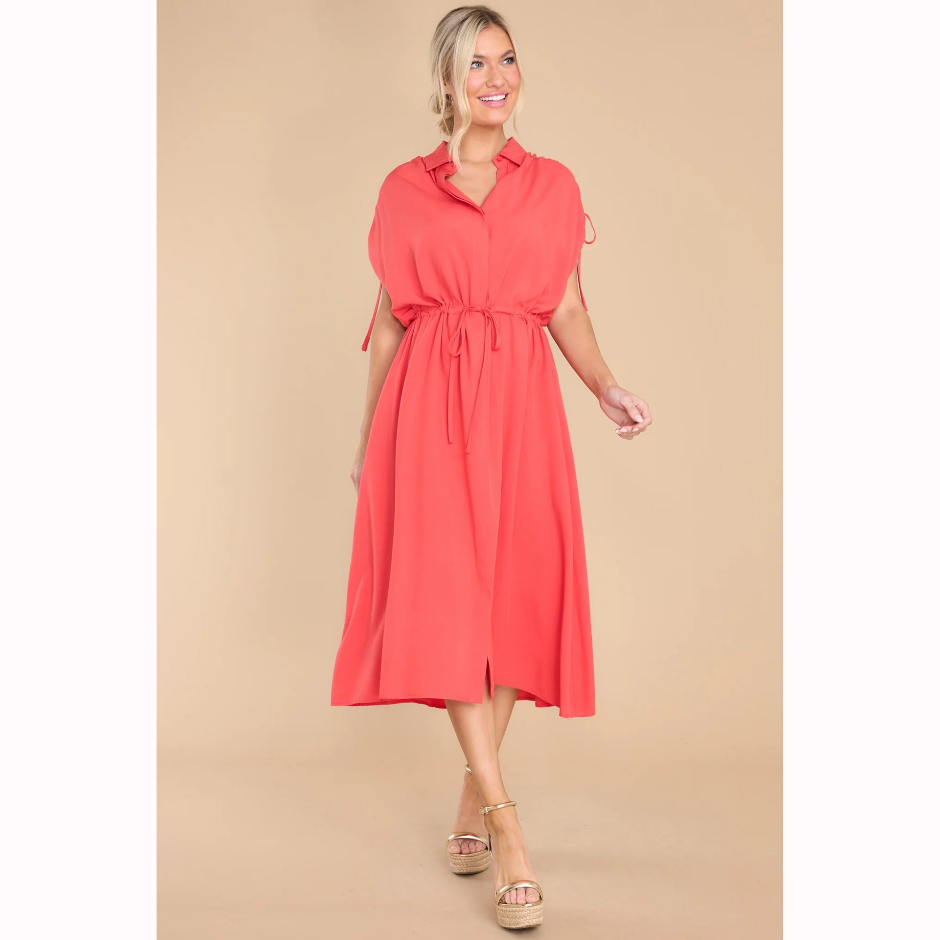 Trendy Summer Fitted Waist Turn down Collar Single Breasted Drawstring Dress XUYUN