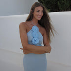 Vestido de noche de malla con cuello halter y estampado floral, sin espalda, estilo halter, dulce y picante.