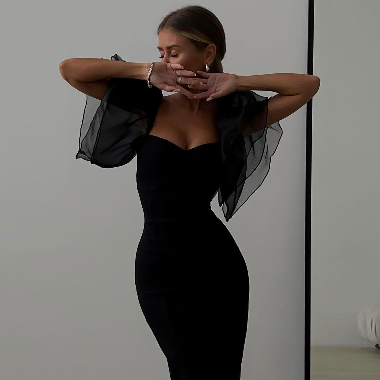 Spring Summer Tight Sexy Dress for Women Black Mesh Ruffle Sleeve Square Collar Midi Dress for Women BESSY