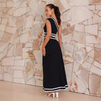 Summer Women Clothing Elegant Diagonal Collar Lace Stitching Maxi Dress XUYUN