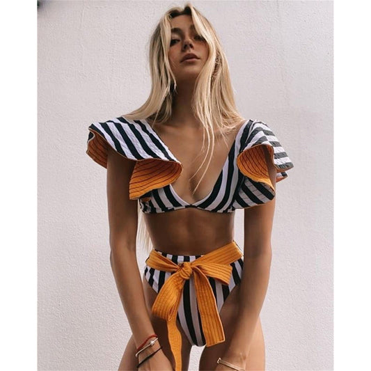 Traje de baño dividido para mujer, bikini a rayas de cintura alta con línea de presión industrial