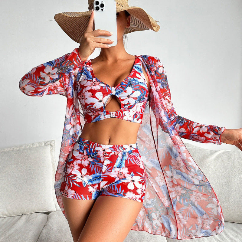 Swimsuit Women Split Long Sleeve Mesh Swimsuit Printed Three Piece Set Bikini Swimsuit SOKO