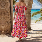 Summer Women Clothing Vacation off-Shoulder Printed Dress HUNDRED