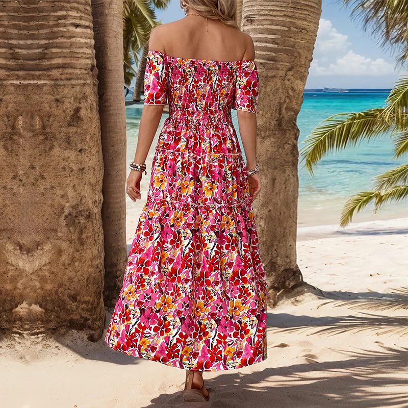 Summer Women Clothing Vacation off-Shoulder Printed Dress HUNDRED