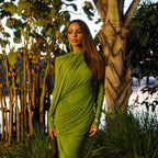 Dress Winter round Neck Green Pleated Long Sleeve Sight
