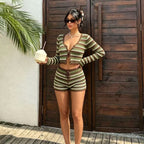 Beach Vacation Striped Short Top Drawstring Shorts Seaside Casual Vacation Beach Blouse Two Piece Sets Women Tidee