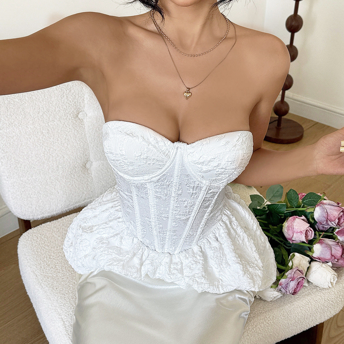 Summer Jacquard Solid Color Sexy Spicy Girl Boning Corset Chest Cotton Waist Tight Fishtail Hem Lace up Tube Top Sumice