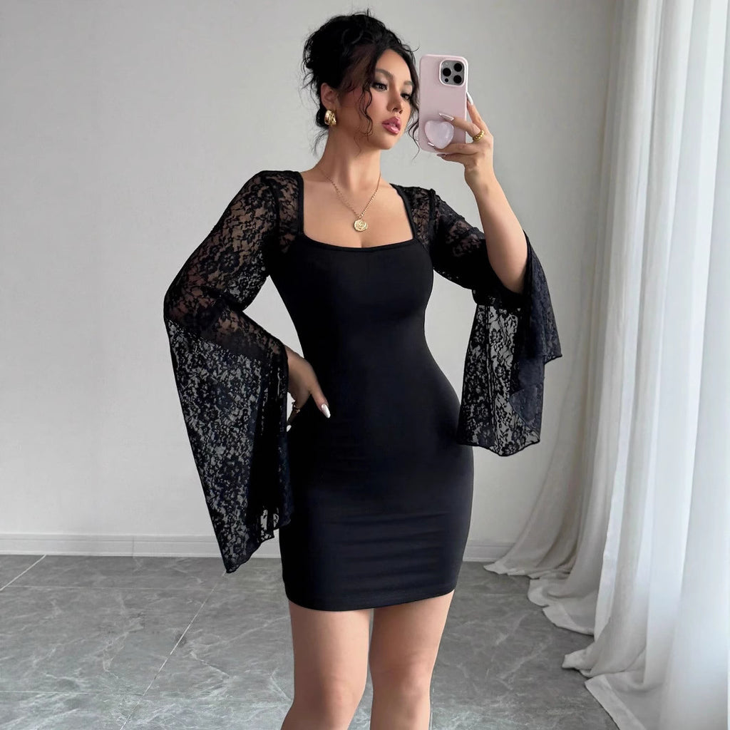 Vestido estilo bolso de cadera con cuello cuadrado y costuras de encaje de color liso con mangas acampanadas de otoño