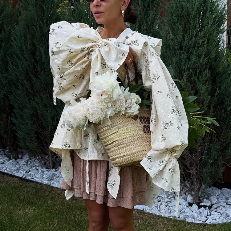 Camisa estampada con volantes y diseño francés para mujer, cuello redondo, mangas acampanadas, combina con todo, para oficina.
