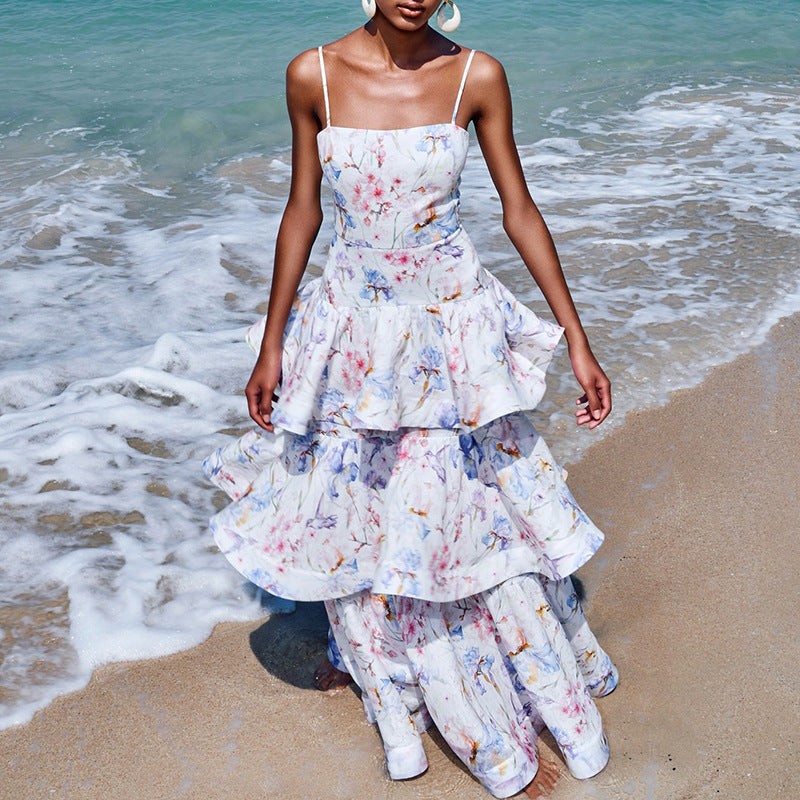 Seaside Vacation Floral Dress Autumn Winter Printed Painted Belt Waist Tight Slimming Women Wear Dress Sailfish