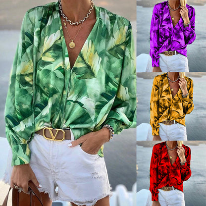 Fall Women Clothing V neck Long Sleeve Bohemian Printed Top Casual Shirt