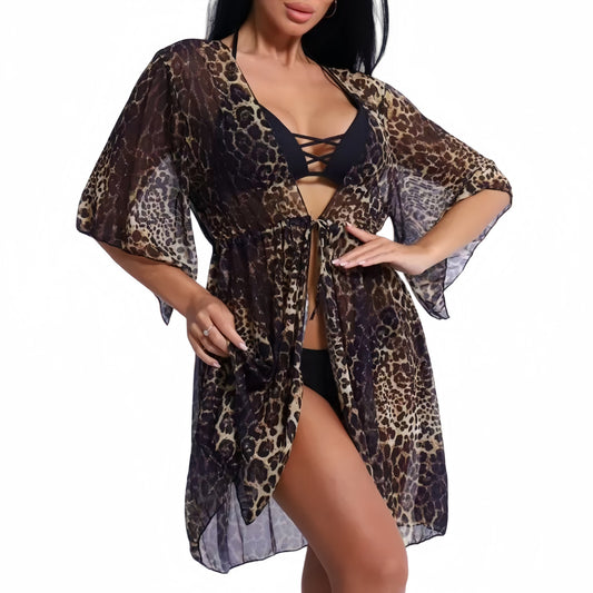 Conjunto de bikini de tres piezas con estampado de malla para mujer, traje de baño de manga corta con protección solar