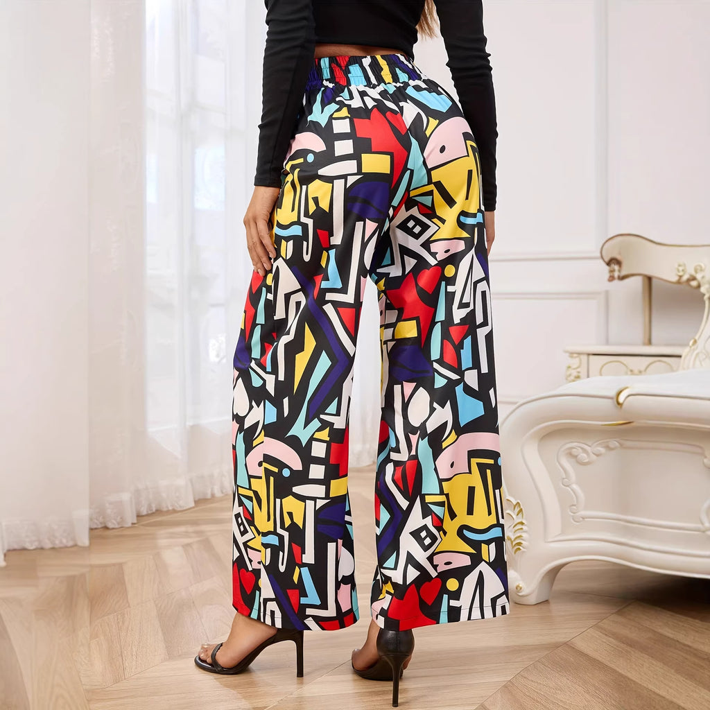 Pants Digital Printing Colorful Graffiti Printing Contrast Color Belt Elastic Waist Wide Leg Pants Rogan