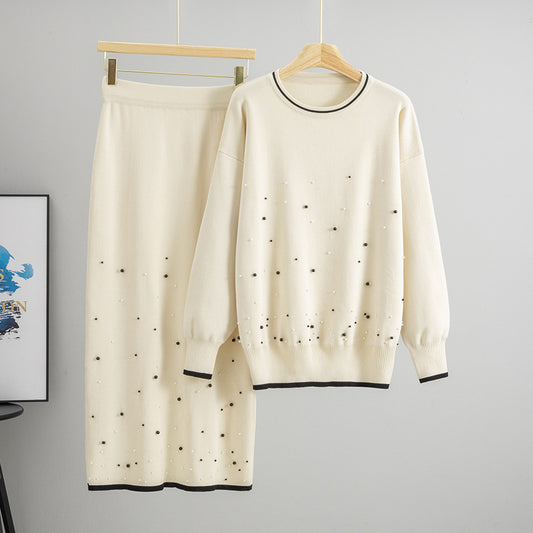 Fall Winter High Waist Loose Slimming Heavy Industry Beads Knitted Top Half Length Two Piece Sets