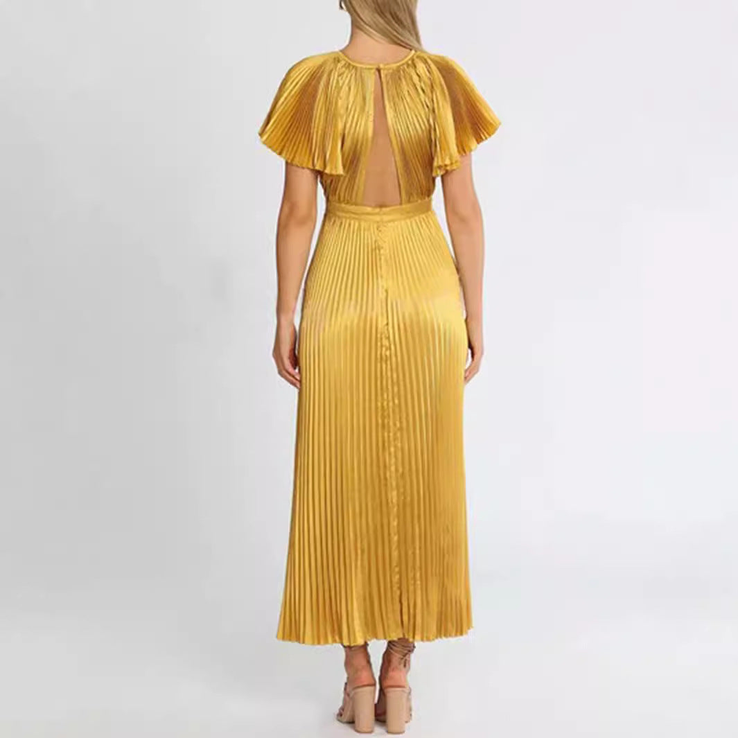 Women Clothing Dinner Party round Neck Pleated Dress Solid Color Ruffle Sleeve Women Evening Dresses Venly