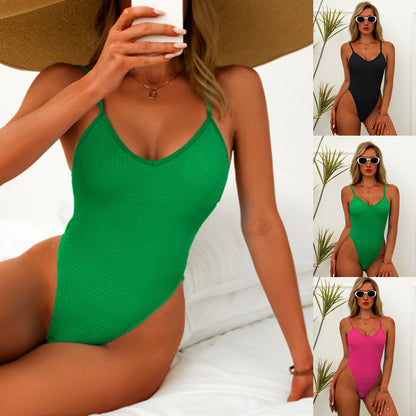 Bikini de escote en V profundo, traje de baño sexy, bikini de color liso con arrugas color champán