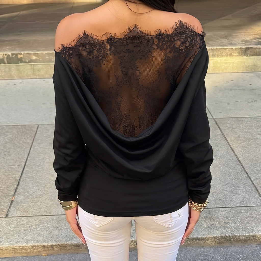 Black Sexy Lace Stitching Hollow Out Cutout out See through Backless Top Swing Collar off Shoulder Waist Controlled Long Sleeves T shirt LingSharp