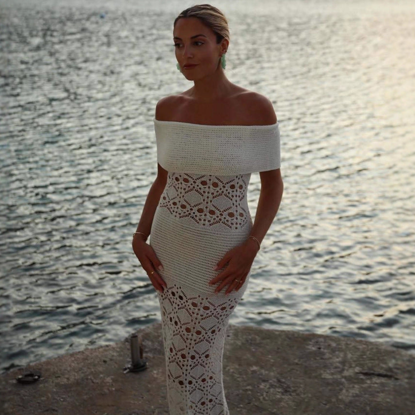 Off Shoulder Hollow Out Cutout Dress Women Summer Waist Hip Knitwear Maxi Dress Women Havana