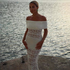 Off Shoulder Hollow Out Cutout Dress Women Summer Waist Hip Knitwear Maxi Dress Women Havana