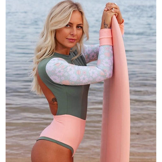Traje de baño de color sólido estampado de patchwork de manga larga traje de surf sexy espalda abierta traje de baño de mujer traje de baño