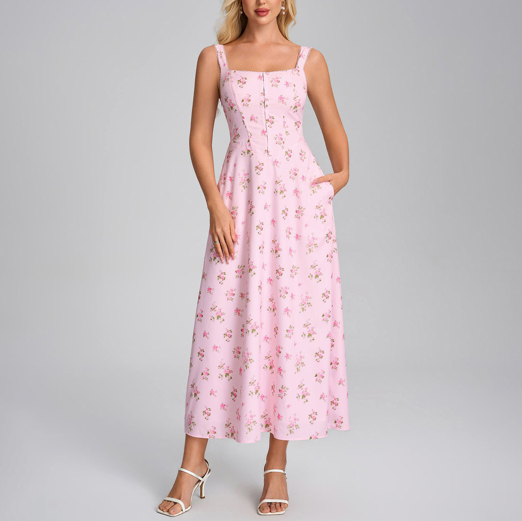 Summer Printing Slip Dress Sexy Square Collar Backless Lace up Slim Vacation Dress SUNSHINE
