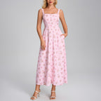 Summer Printing Slip Dress Sexy Square Collar Backless Lace up Slim Vacation Dress SUNSHINE