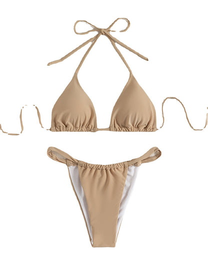 Bikini sexy de cintura alta con triángulo dividido de color sólido para mujer, traje de baño con copa triangular tipo halter