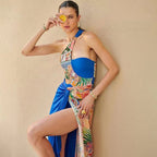 Traje de baño sexy de dos piezas con estampado a juego de colores, falda de poliéster.