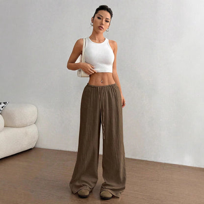 Pantalones casuales de algodón puro, color sólido, holgados, de pierna ancha y con cola deshilachada