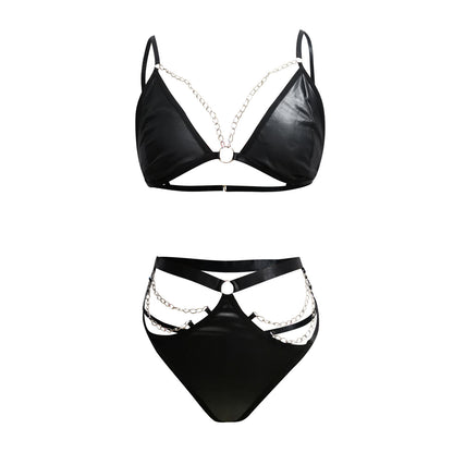 Sexy Patent Leather Strap Three Point Split Sexy Suit