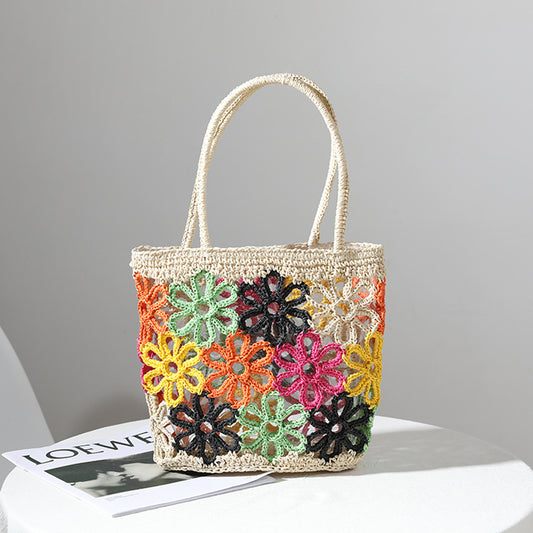 Bolso de paja de verano fresco con recortes florales, tejido a mano, para mujer, bolso portátil para vacaciones en la playa 