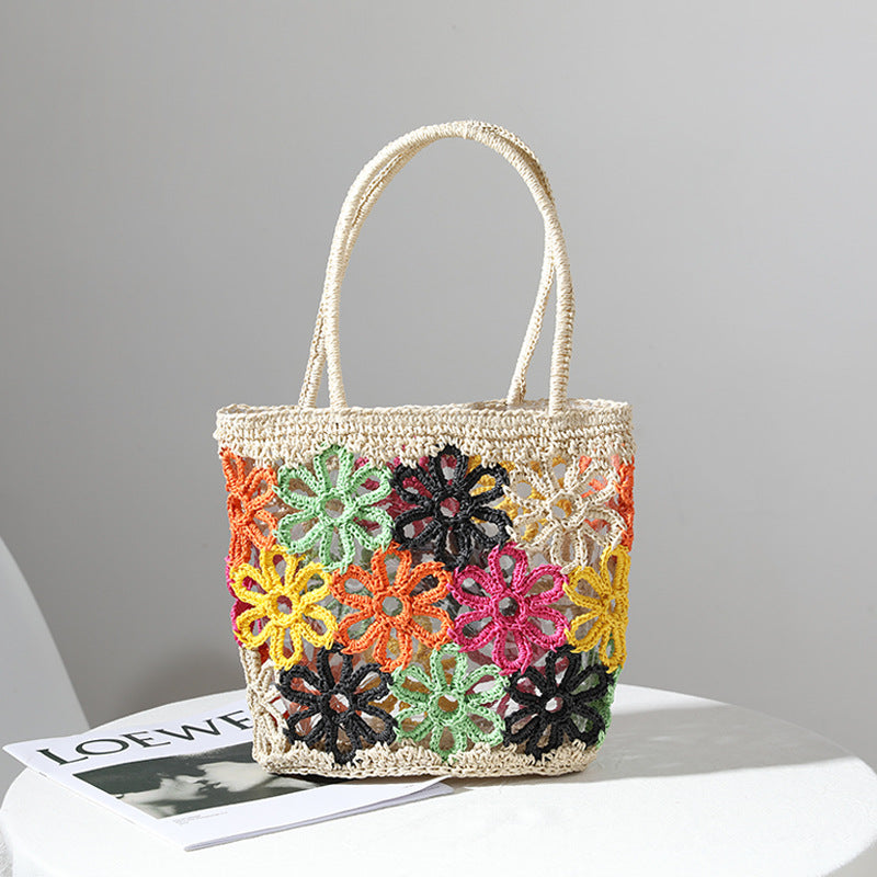 Bolso de paja de verano fresco con recortes florales, tejido a mano, para mujer, bolso portátil para vacaciones en la playa 